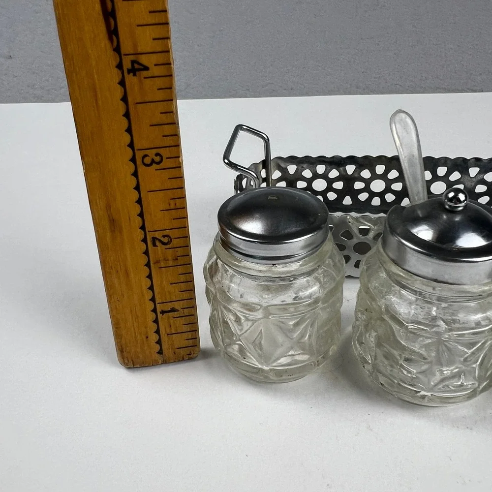 Vintage Condiment Set Glass Jars Metal Caddy Silver Clear Mid Century Tableware